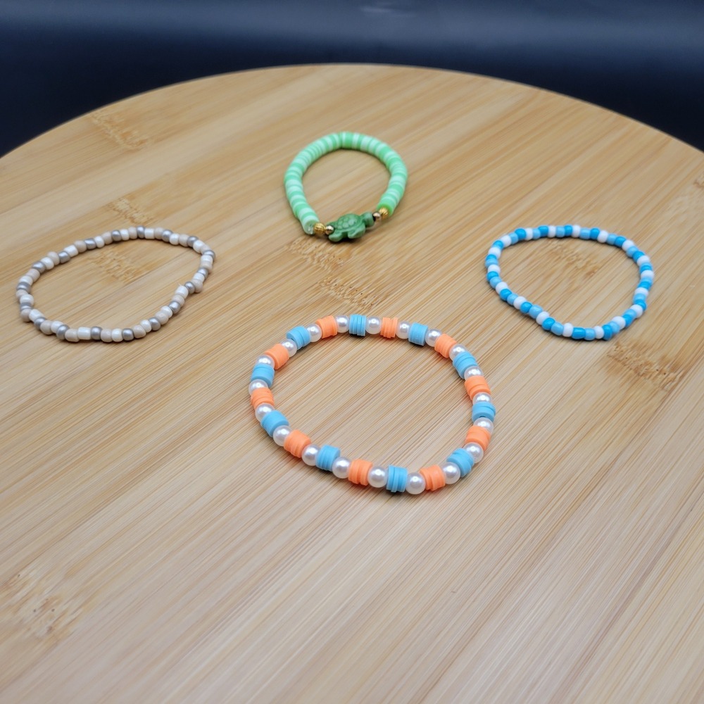 Handmade Clay Bead Seed Bead Bracelet Set of 4 Summer Turtle Theme Kids Jewelry - Picture 8 of 8